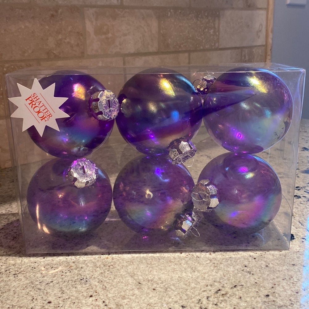 Set of 6 Large Purple Iridescent Shatter Proof Ornaments